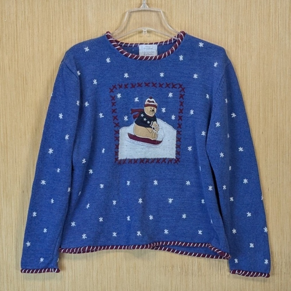 Christopher Banks Sweater Womens XL Blue Christmas Bear Hand Embroidered Retro